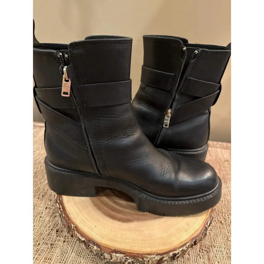Coach‎ Lacey Black Leather Lug-Sole Zip Up Ankle Buckle Boots Black Sz-8